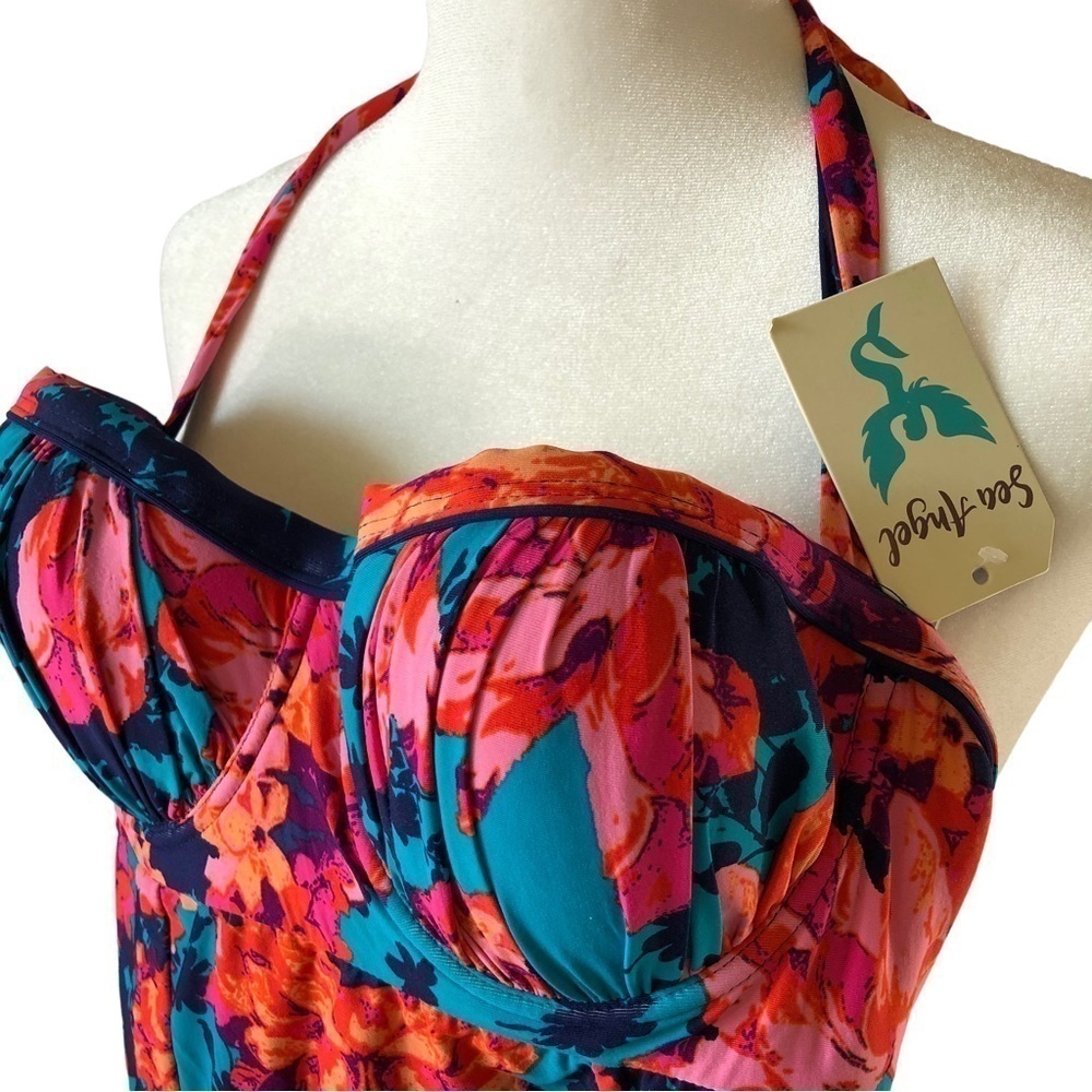 NEW Sea Angel One Piece Swimsuit Floral Women M Halter Ties Hygienic Liner - Picture 2 of 8